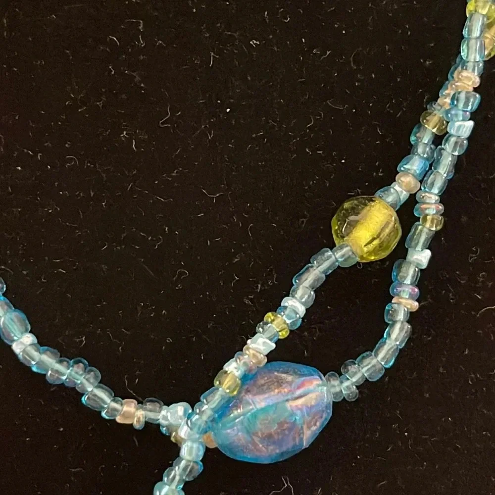 Beaded long necklace glass blue green boho casual